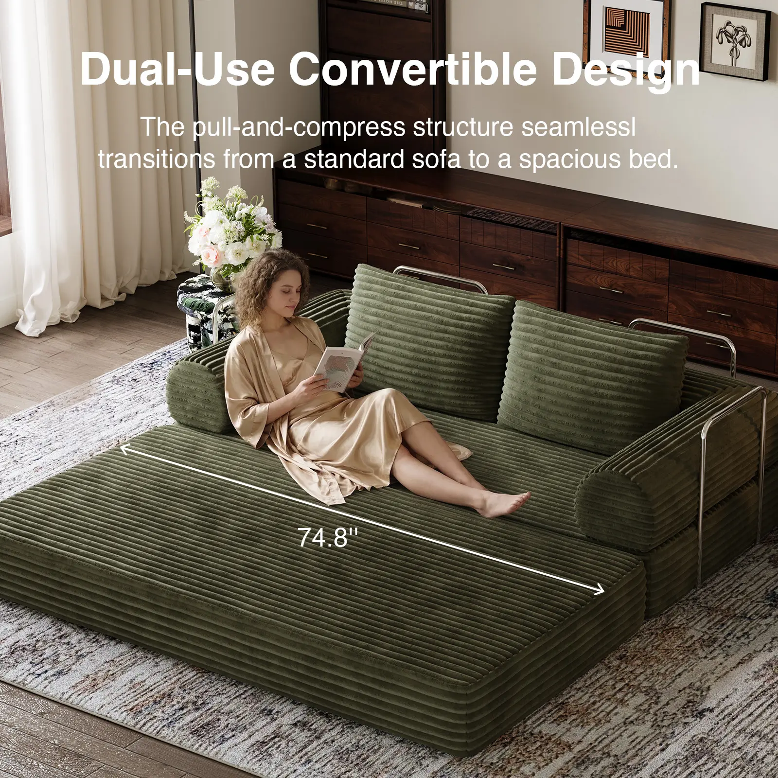 Multifunctional Corduroy Sofa Bed, 2-in-1 Convertible Double Sofa Bed with Independent Pocket Spring & High Resilience Sponge, Supportive Backrest, Soft Fabric for Living Room Bedroom