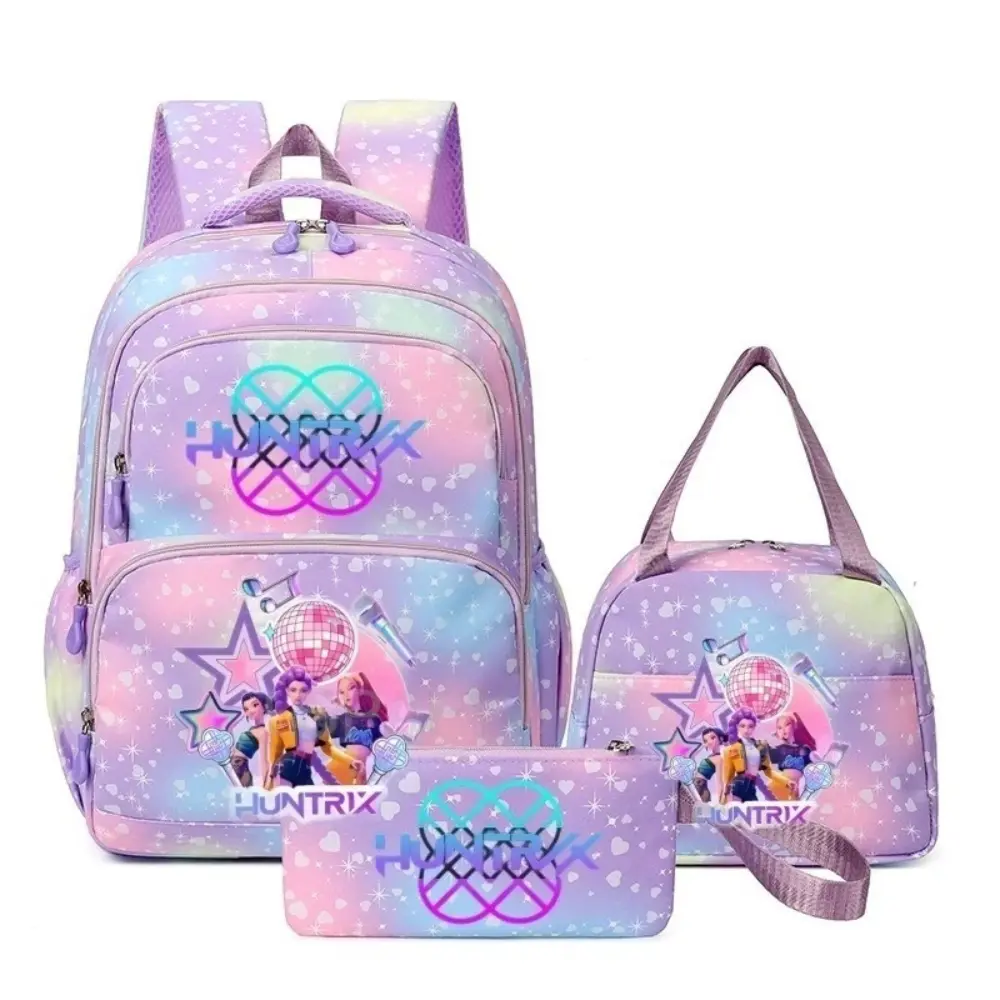 3Pcs Pastel Pink Purple Gradient Heart Disco Ball HUNTRX KPOP Cartoon Backpack Set for Teen Girls Kids, Large Capacity Multi-Layer Water Resistant Student School Backpack, Casual Daypack with Insulated Thermal Lunch Bag & Matching Printed Pencil Pouch, Li