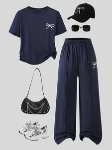 Girls' Fashion Casual Sporty Two-Piece Set, Round Neck Bow Print Short Sleeve Top + Loose Side Bow Decor Straight Leg Pants