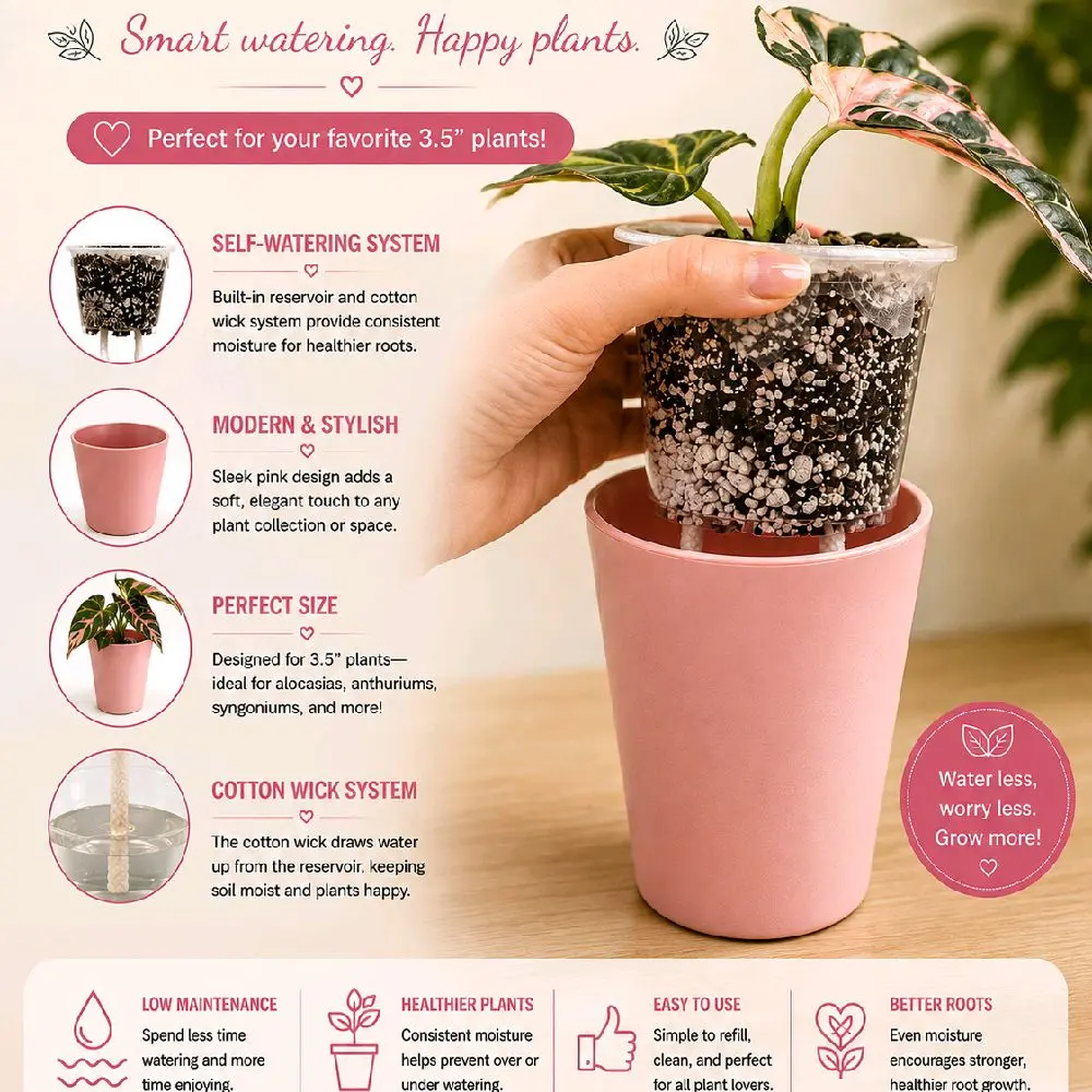 5-Pack 3.5in Soft Blush Pink Self-Watering Decorative Planting Containers, Easy Care & Maintenance, Mini/Above-Ground Decorative Flower Pots, Garden Decor Accessories for Plant Lovers, Planting Container
