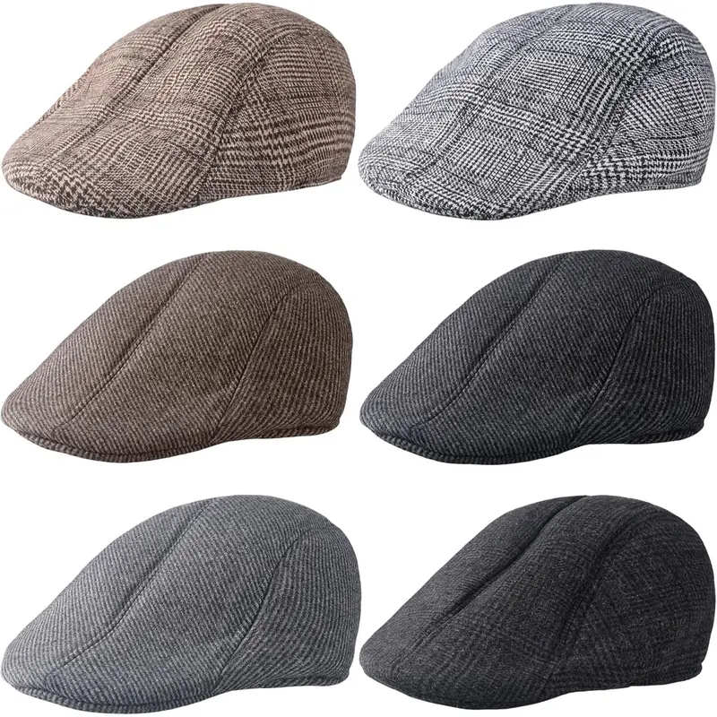 6 Pieces Newsboy Cap for Men Classic Herringbone Tweed Flat Cap Irish Beret Hat for Cabbie Driving Hunting