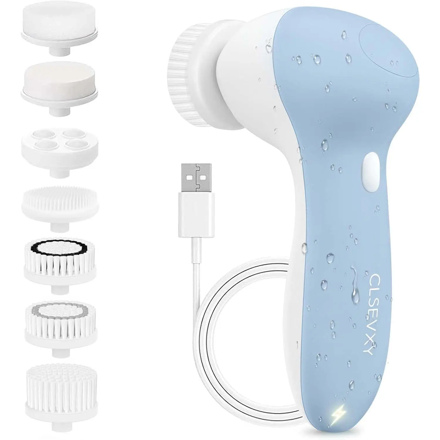 Rechargeable Facial Cleansing Spin Brush Set with 7 Exfoliating Brush Heads - Complete Face Spa System by CLSEVXY - Advanced Microdermabrasion for Gentle Exfoliation and Deep Scrubbing Mask Skin Care Pore Removal Blackhead Remover
