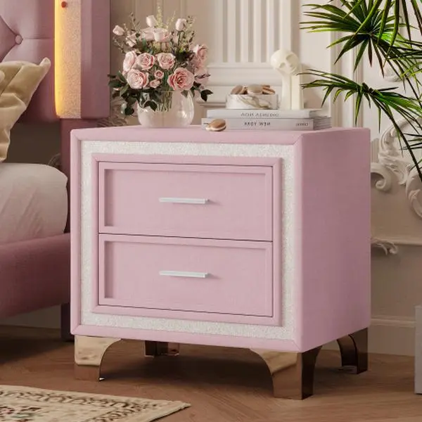 [Bellemave]Mid Century Vintage Nightstand with Silver Glitter Strip Decor and Metal Legs, Velvet Bedside Table with 2 Drawers, Fully Assembled Except Legs and Handles