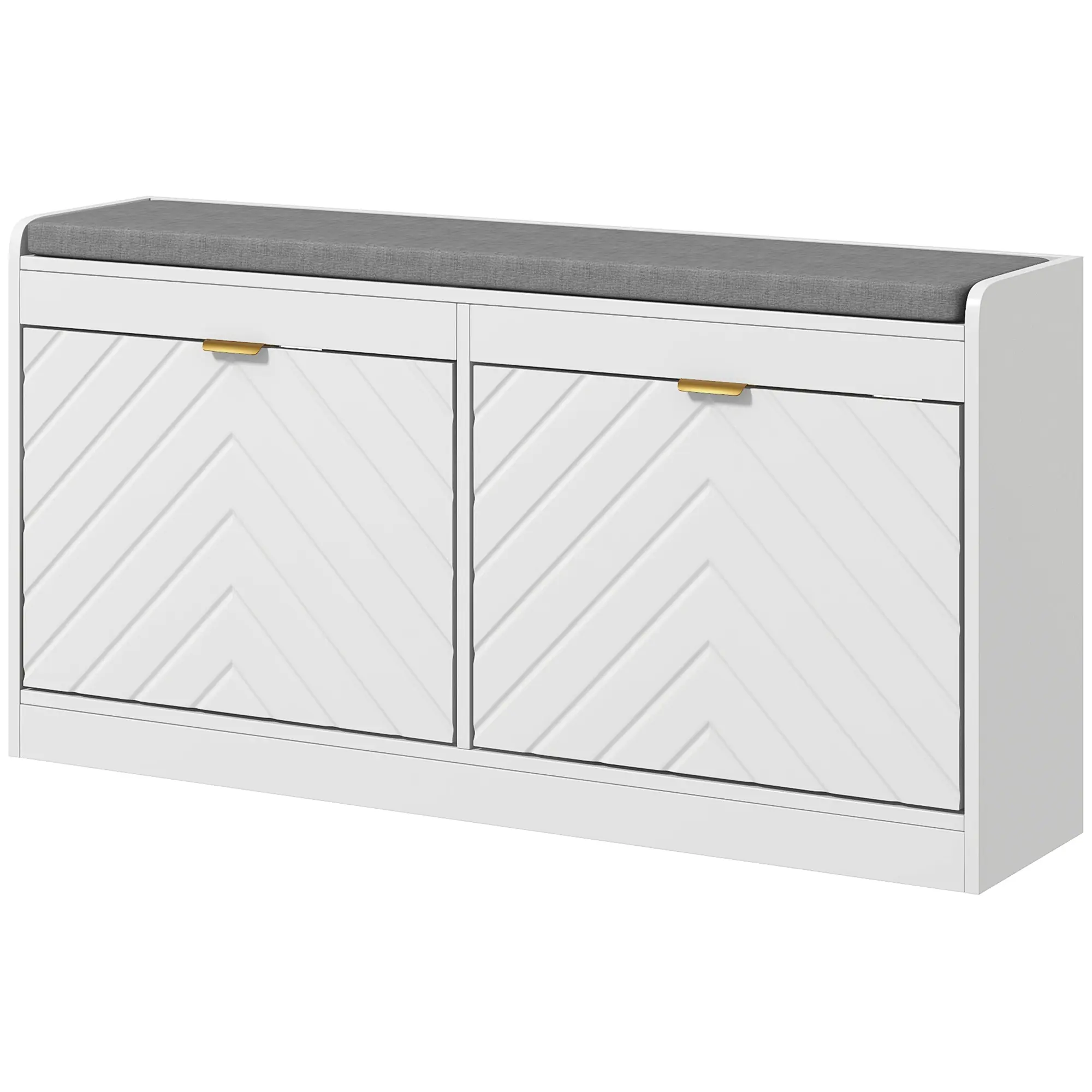 Upholstered Narrow Storage Bench for Entryway - Fabric Based, Indoor, Neutral, Small Footprint Upholstered Storage Bench with 2 Flip Drawers, 2 Vents & 8-Pair Shoe Rack Capacity