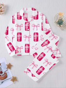 Dr Pepper Soda Bottle Bow Print Long Sleeve Pajama Set, Comfortable Fireproof Sleepwear, Loungewear, Fall Winter Home Wear, 2 Piece Set