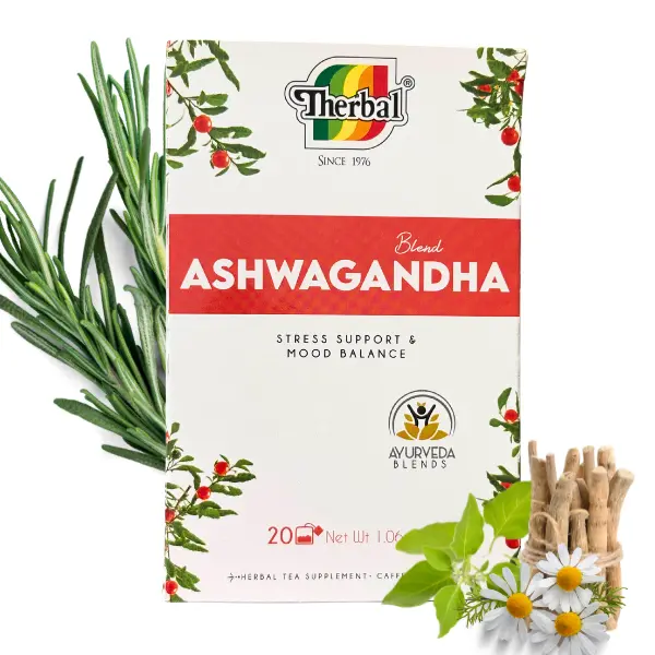 THERBAL Certified Organic Ashwagandha Calming Tea - 20 Herbal Blend Tea Bags, .10oz Natural Stress Relief Beverage, Supports Relaxing Effect for Adults