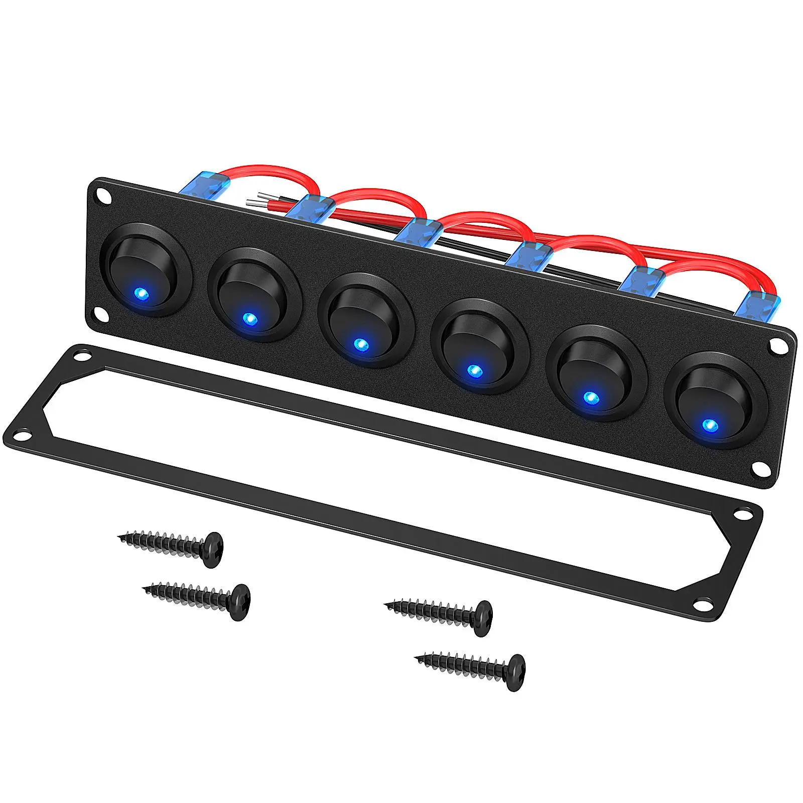 Round Panel Boat Switch Panel, Waterproof 6-Pin Electrical Outlet Panel with Screws & Waterproof Film, Marine Boat Switch Panel with LED Light