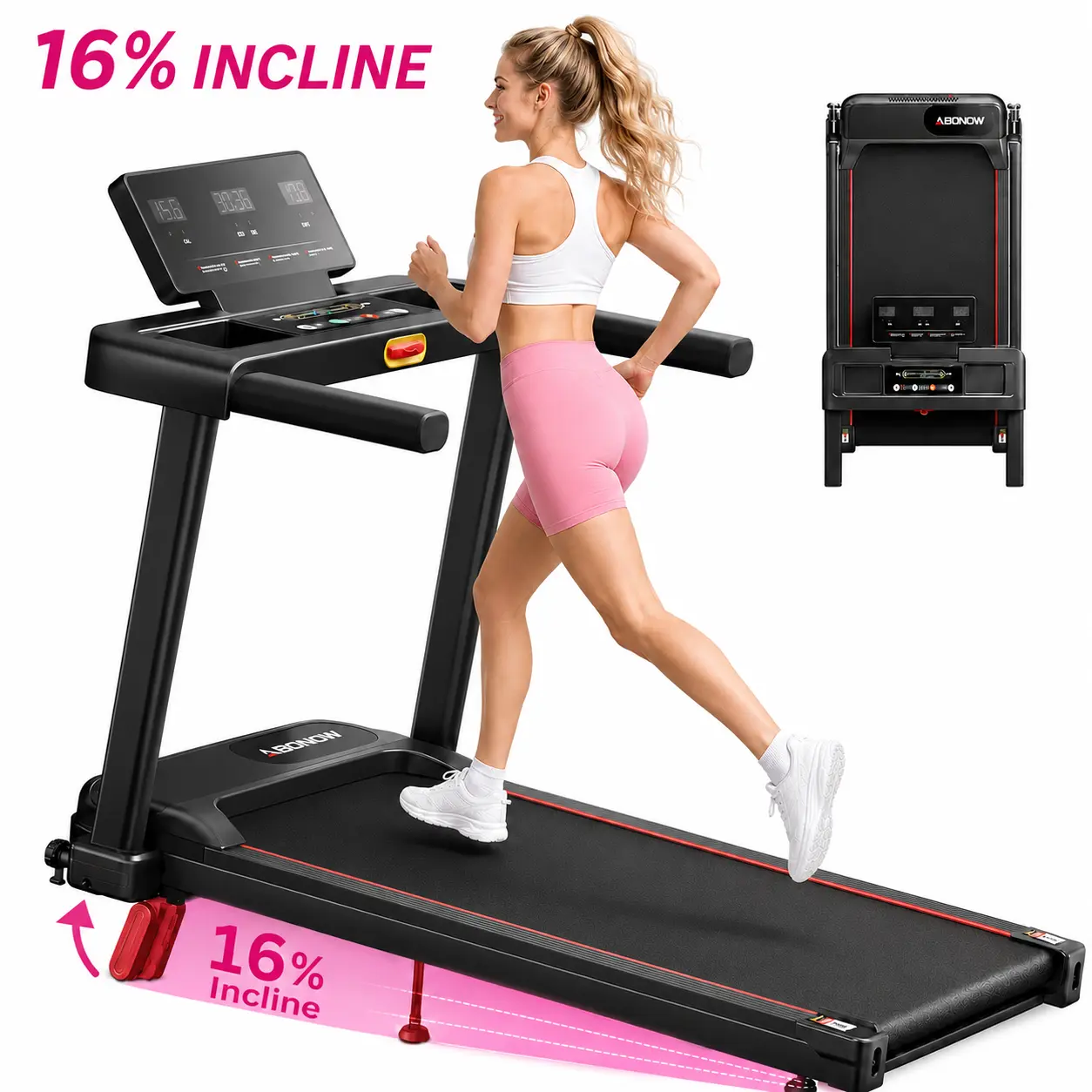 JC Unisex Compact Foldable Rail Treadmill - 16% Adjustable Incline, Low Noise Motor Walking Pad, Remote Control, Wheels for Easy Mobility, Dual Shock Absorption System Functional Home Gym Equipment