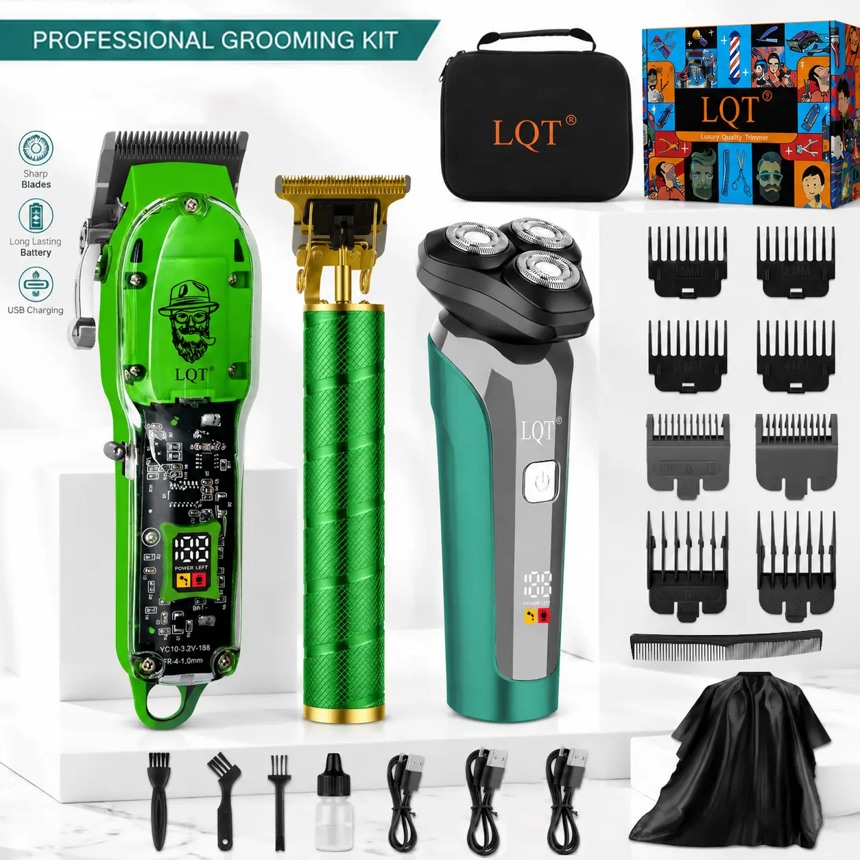 Men's Professional 3PCS Cordless Hair Clipper Set - Barber Grooming Kit with LCD Display, USB Rechargeable Trimmer, Adjustable Blades, Stainless Steel Brush, Storage Case, Li-ion Cells, Easy Operation for Home & Salon Close-Cut Haircuts, 3Pac/Set, Chargin