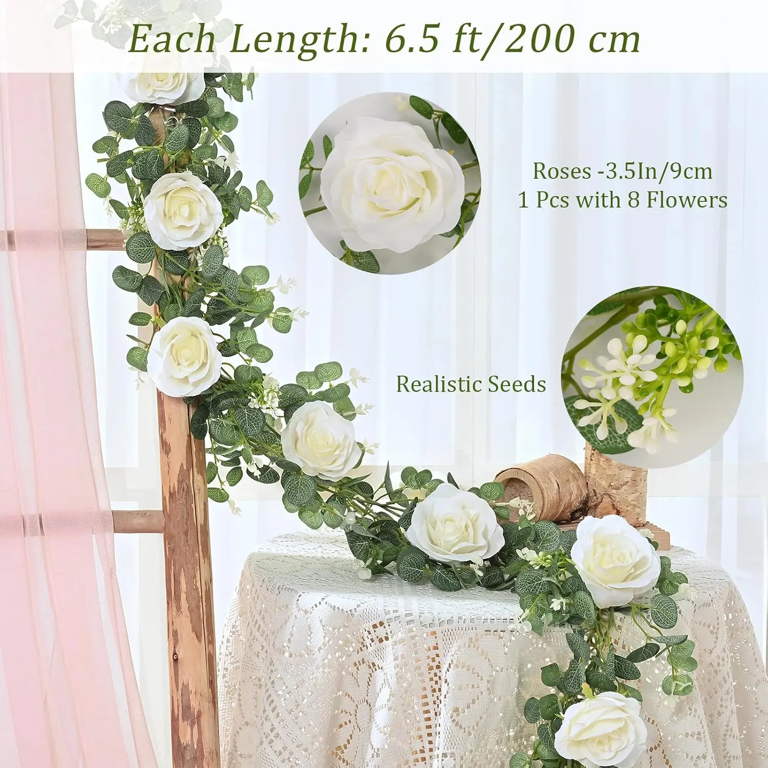 Neverwilt x Dolicer 2-Pack 13FT White Eucalyptus & Rose Faux Floral Vines, 26FT Total Garland for Wedding, Home Decor, Boho Party Décor