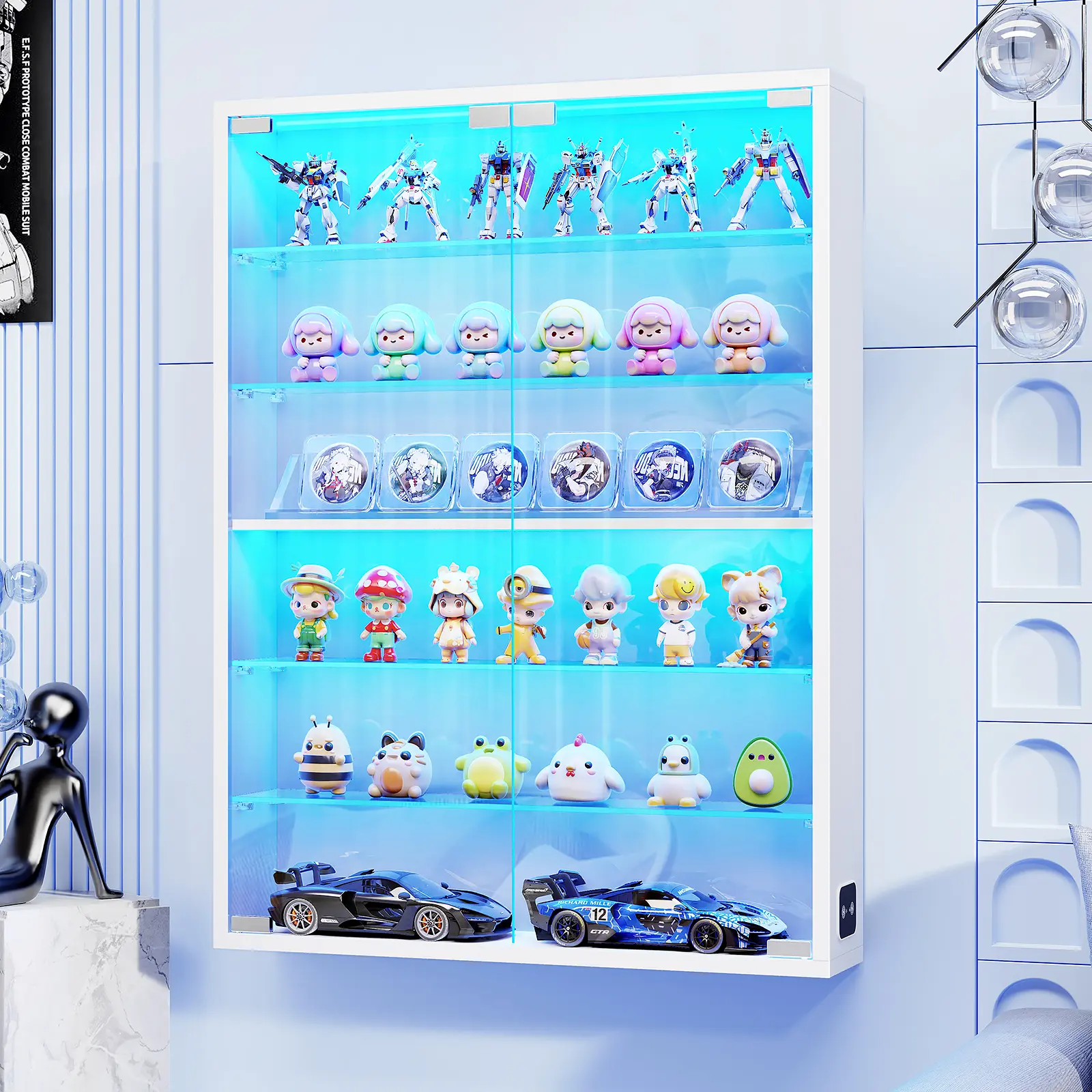MIIFUNY 6-Tier Wall Display Case with Glass Doors, LED Display Cabinet with Adjustable Glass Shelves, Display Case for Collectibles, White