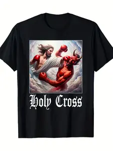 Holy Cross Men's T-Shirt 180g Pure Cotton Casual Jesus vs Devil Boxing Print Top Funny Religious Graphic Tee for Gym Sporty Wear S-5XL
