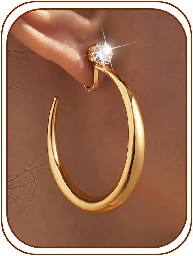 Awinesn Hoop Clip on Earrings for Women 14K Gold/Silver Plated CZ Clip Earrings for Women Non Tarnish Large Hoop Earrings Hypoallergenic Trendy Non Pierced Earring Jewelry Gifts 35MM