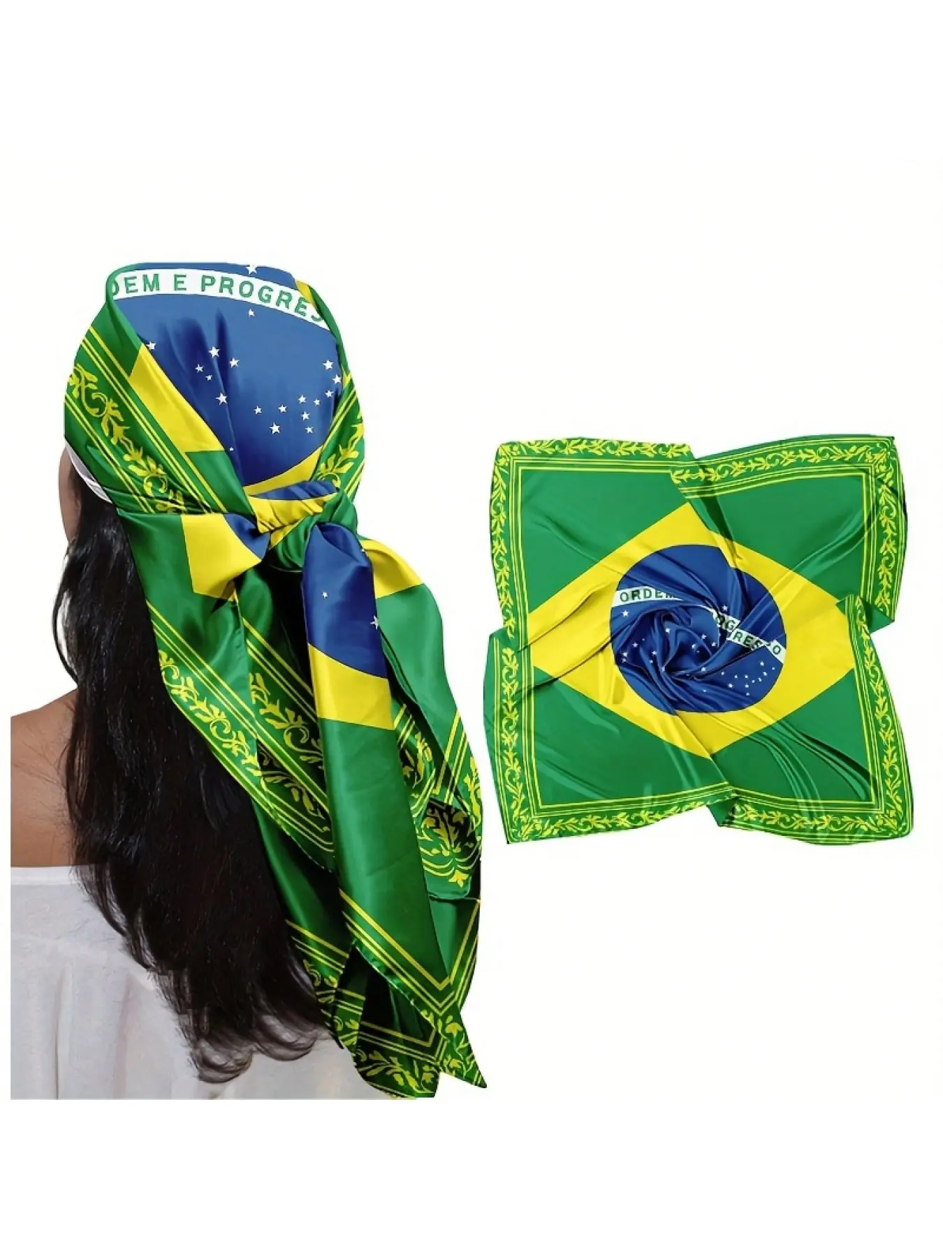 Y2K Brazilcore Satin Silk Square Scarf for Women, Official Brazil Flag Bandana, Baroque Gold Border, Cultural Pride Headwear