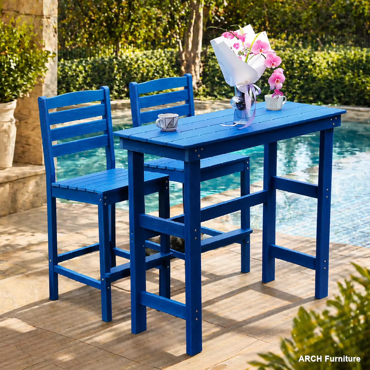 ARCH PE Plastic Wood Grain Outdoor Patio Bar Set - Navy Blue Adirondack Chairs, 52.4x21.7x35.6in, Pre-Drilled Holes, Waterproof, All-Weather, Anti-Corrosive, Reinforced Legs, Eco-Friendly, Assembly Required, for Garden Party, Backyard Relaxation