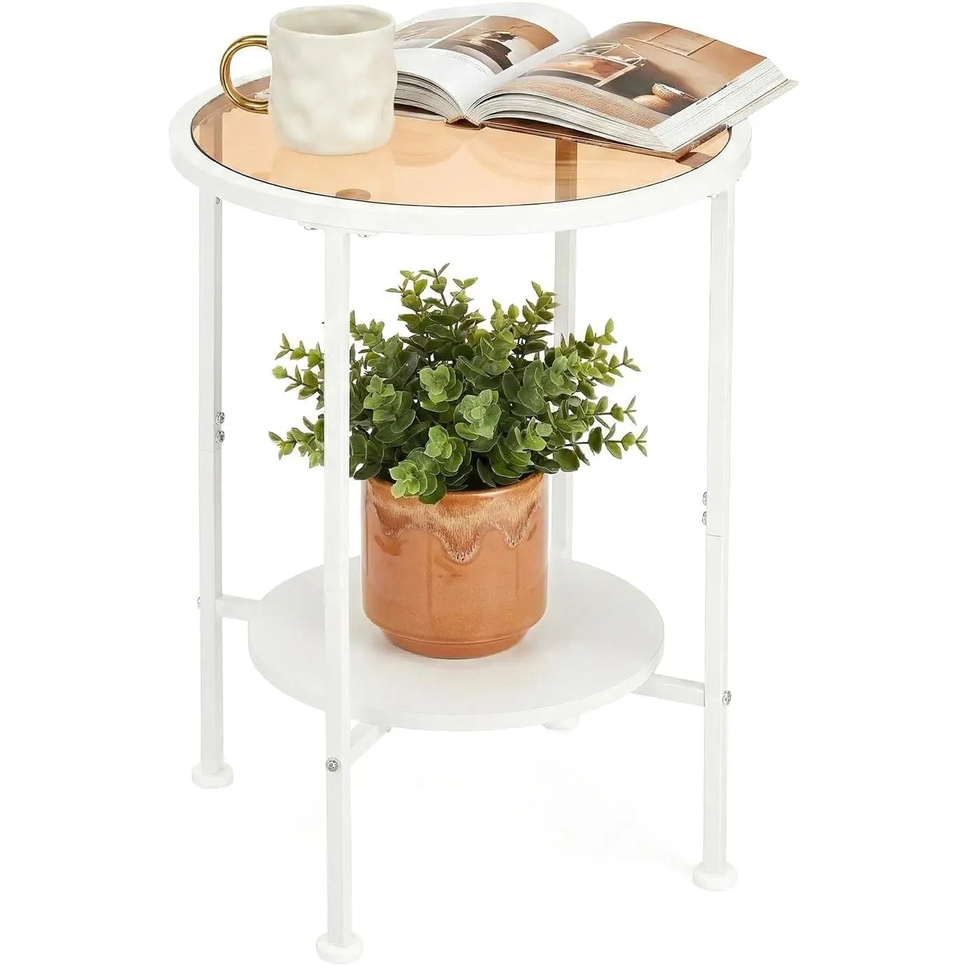 Zexvida 2 Tier Round Side Table with Tempered Amber Glass Top, End Table for Small Spaces, Bedroom, Living Room,Cute Retro Aesthetic Nightstand, Modern Vibe Accent Table for Plant & Decor