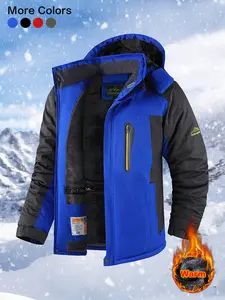 Men's Winter Fleece Lined Warm Detachable Hooded Jacket, Windproof Water Resistant Outdoor Ski Coat, Full Zip Closure, Multiple Pockets Design, Suitable for Outdoor Activities & Mountaineering Skiing