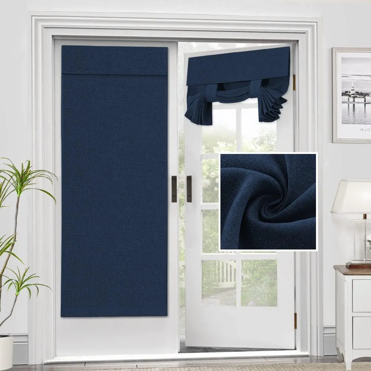 Door Curtains Linen Textured  Door Blinds Kitchen Window Curtains  26 X 68 Inch Room Darkening Curtains for Glass Door Tie Up Shade, 1 Panel, Heather Navy