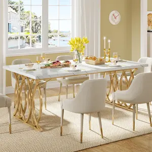 LITTLE TREE Modern Dining Table, 63" Large Kitchen Table for 4-6 People, Unique Rectangular Dinner Table Kitchen & Dining Room Furniture with Faux Marble Tabletop and Geometric Legs（Only Table）