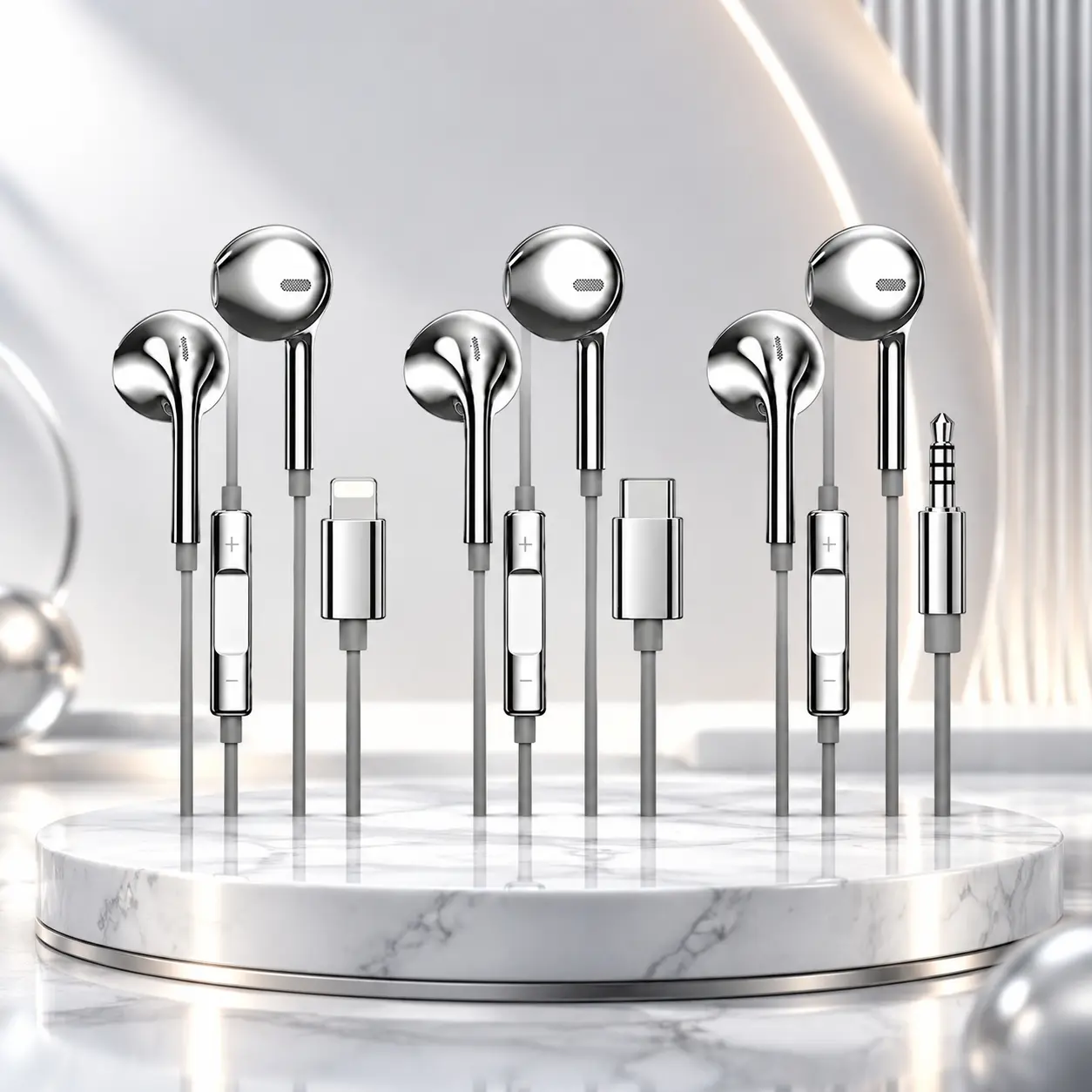 Glossy Silver Classic Plug And Play Wired Earphones, Silver Electroplated Gloss Retro Semi‑In‑Ear Earbuds for Jack, Type‑C & Lightning Option For Smartphone Calling Listening