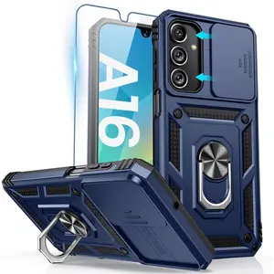 Goton Compatible with Samsung Galaxy A16 5G Case with Camera Cover & Kickstand Ring with Tempered Glass Screen Protector, Military Grade Shockproof Protective Bumper Cover Blue