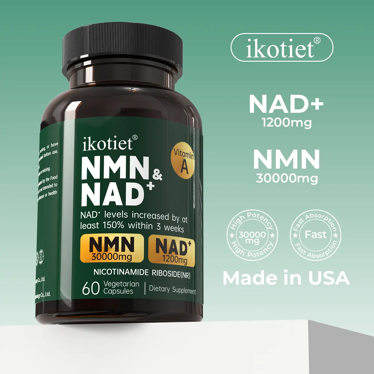 IKOTIET NMN/NAD+ Vegan Supplement—featuring NMN (30,000mg), NAD+ (1,200mg), NR, and Vitamin A. Designed for high absorption to help boost energy and relieve daily fatigue; a 30-day supply.
