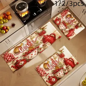 1/2/3pcs Mat Set, Welcome Door Mat, Home Decoration for Front Door, Kitchen, Bathroom, Red Teapot Love Cherries Checkered Cloth Kitchen Pattern Kitchen Mat