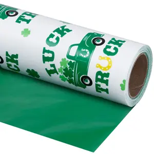 St Patrick's Day Gift Wrap Paper Roll, Reversible Clover Lucky Truck Design, DIY Craft Packaging, 43.2cm X 1000cm, Festival Party Use