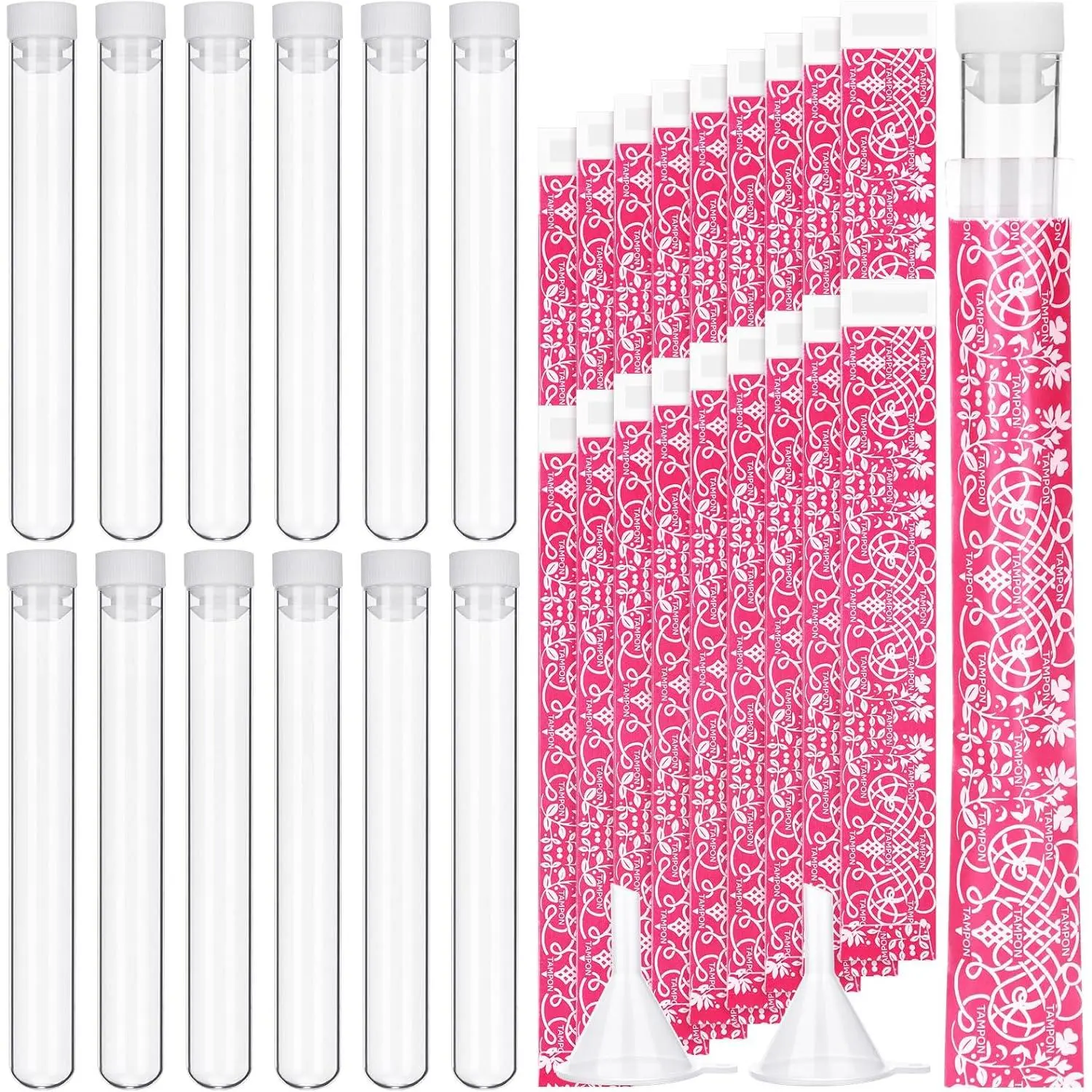 Women's 38-Pcs Plastic Tampon Flask Kits - Reusable Wrappers, Tube Flasks, Containers, Funnels with Cute Design for Cruises, Concerts - Long-Lasting Period Kit