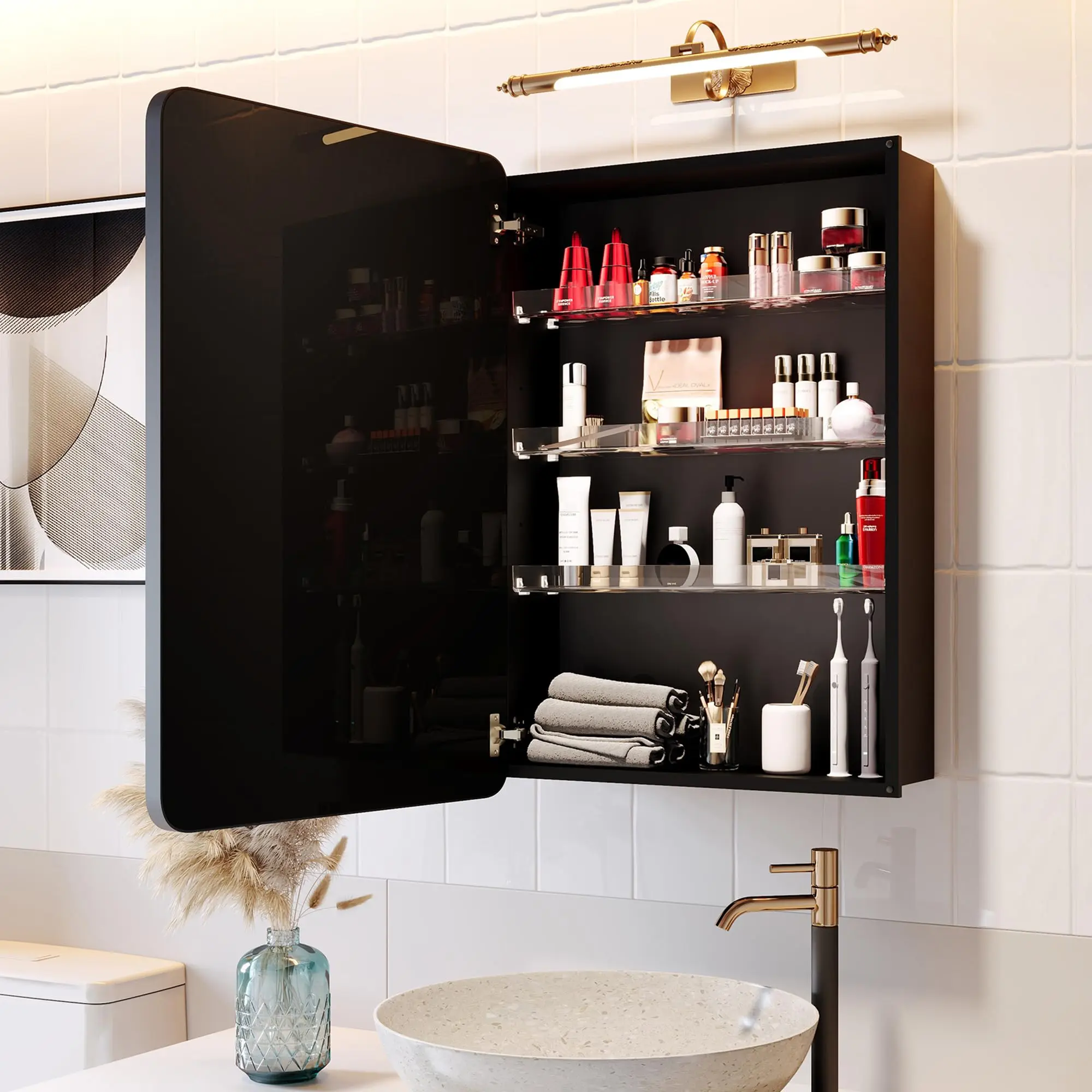 Recessed Medicine Cabinets for Bathroom with Mirror: 20 x 26 inch Small Surface Wall Mount Mirrored Vanity Chest with Storage - Matte Black Modern Frame door mirror Framed Recessed Bathroom Medicine Cabinet wine  cabinet
