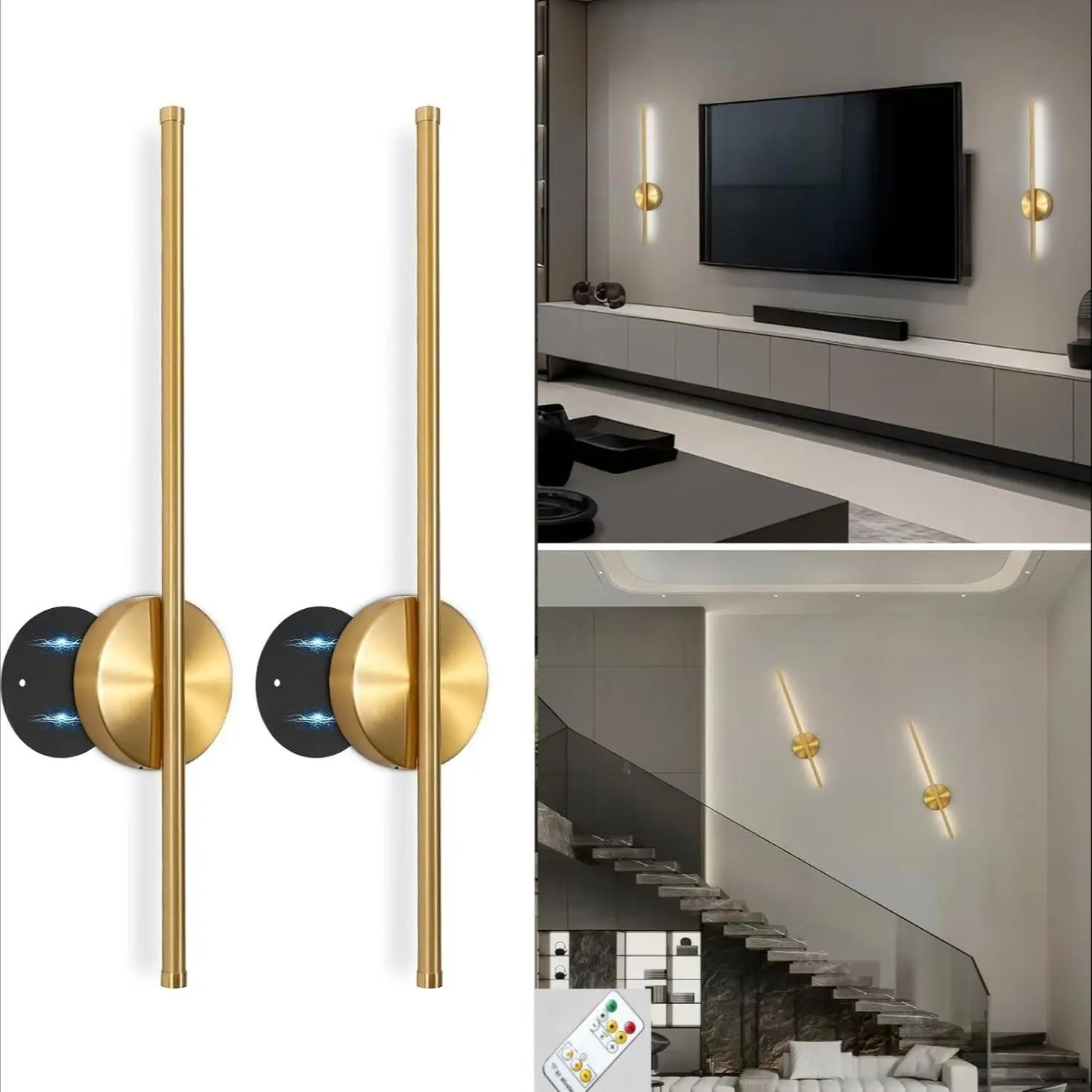 Battery Operated Wall Lights - Rechargeable Wall Lights Dimmable 3 Colors - Wireless Wall Sconces Remote Control - Battery Wall Light USB for Bedrooms Living Room 2 Packs - Modern Mood Lighting - Indoor Wall Light - Dimmable Wall Lamp
