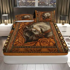 3Pcs Horse Floral Art Fitted sheet Three Piece Set (1*Fitted Sheet+2*Pillowcases, Coreless), Western theme, Rustic Luxury Bedding Set, Mattress protector Soft, Breathable