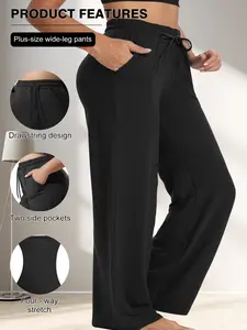 Plus Size Women's Business Casual Wide Leg Stretchy Pants, Elastic Waistband, Pocket Design, Comfortable Fit for Work & Daily Wear