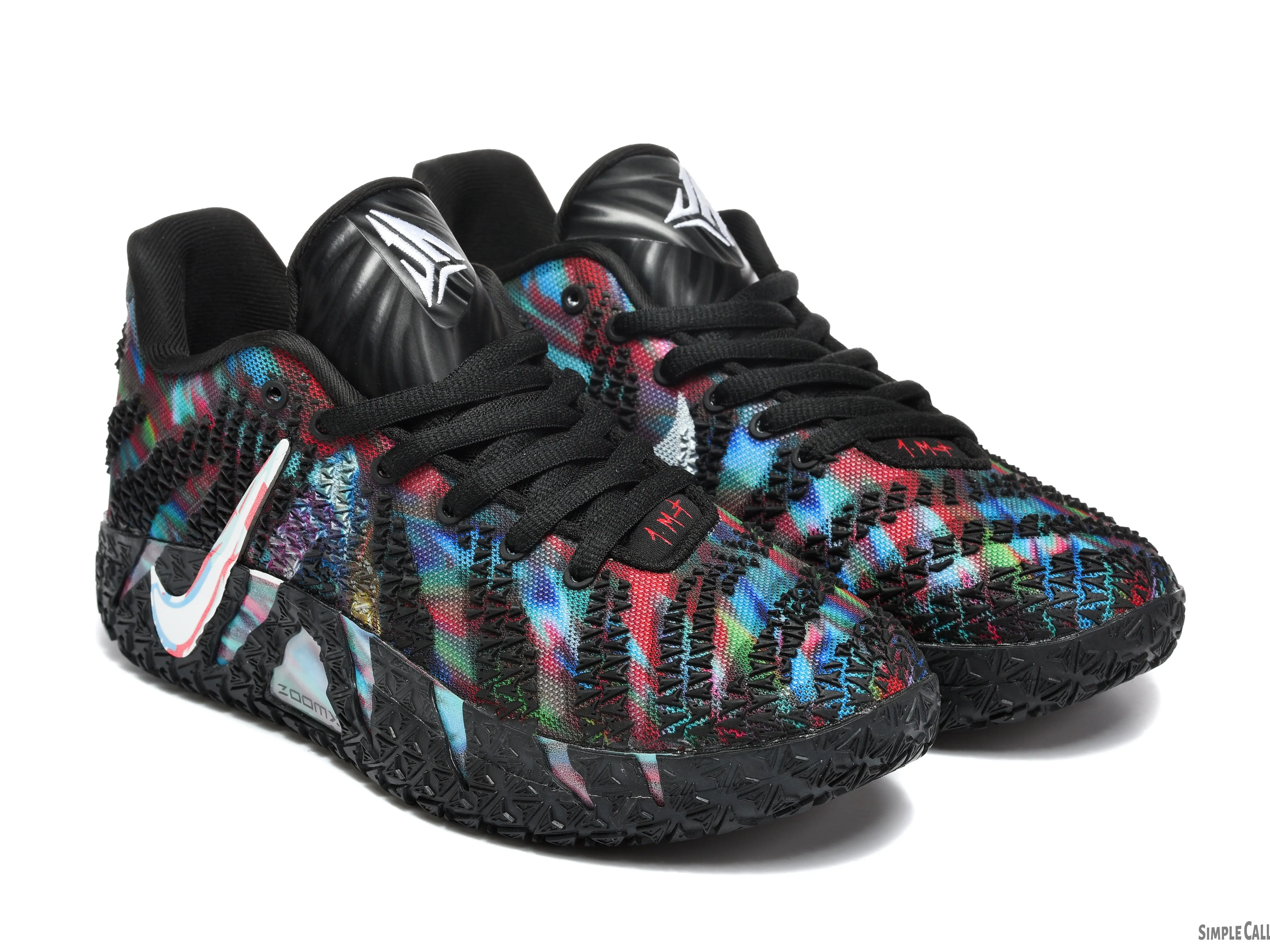 Multicolor Psychedelic Low-top Basketball Sneakers, textured woven mesh upper, matte black rugged anti-slip outsole. Ideal for indoor basketball contests, bold futuristic street styling