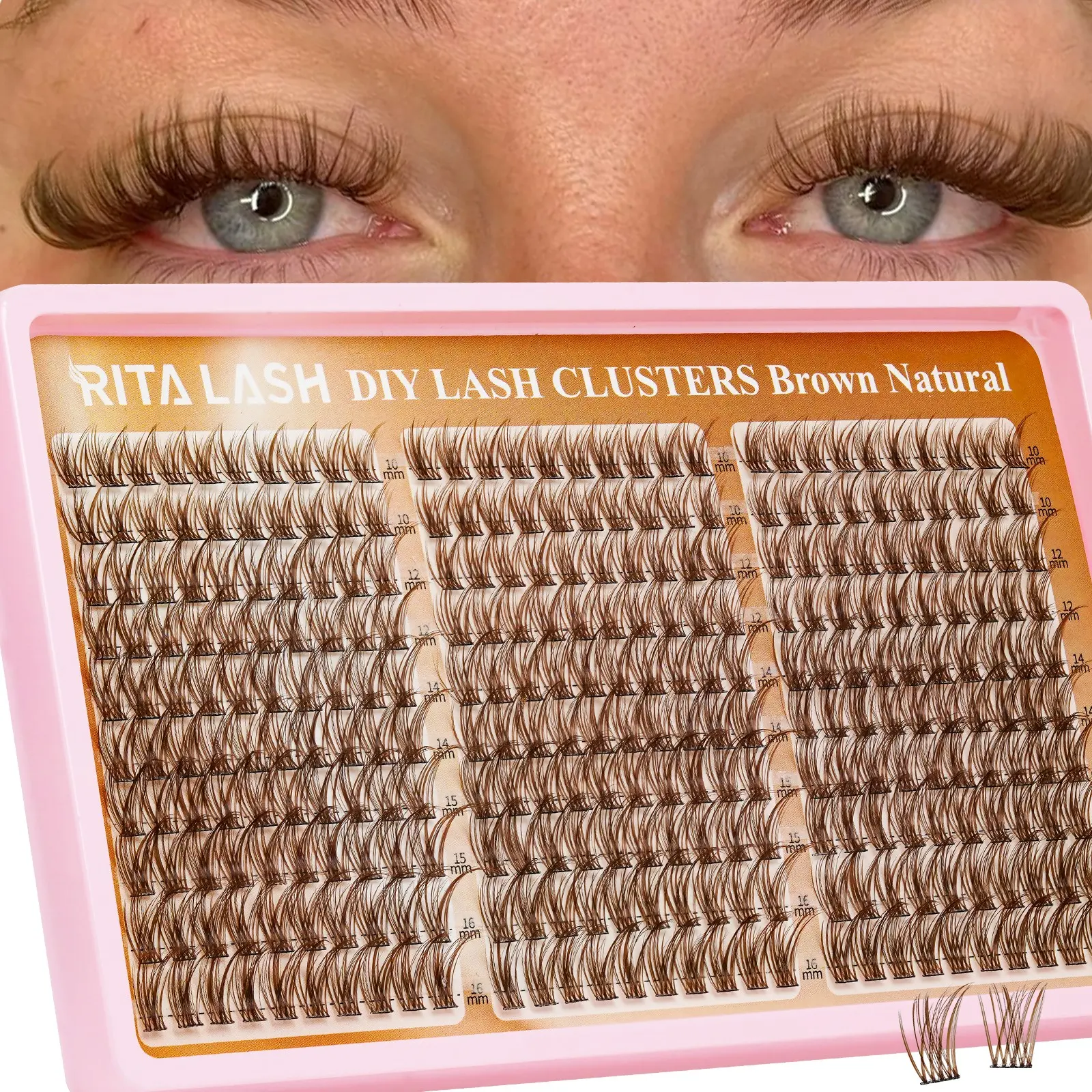 RITALASH 300PCS Brown Lash Clusters Kit Natural Wispy Lashes Cluster Eyelash Cluster Extensions Kit Individual Lashes Extensions Kit For DIY Waterproof & Long - Lasting Eyelashes Extensions Makeup Longer Looking Eyelashes (Light Brown10-16mm)