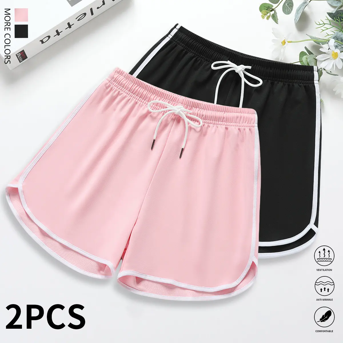 Pack of 2 women’s shorts: casual shorts, athletic shorts, lounge shorts; solid color; drawstring elastic waistband; suitable for casual wear, outdoor sports, and yoga; women’s shorts; summer clothing.,back to school shopping