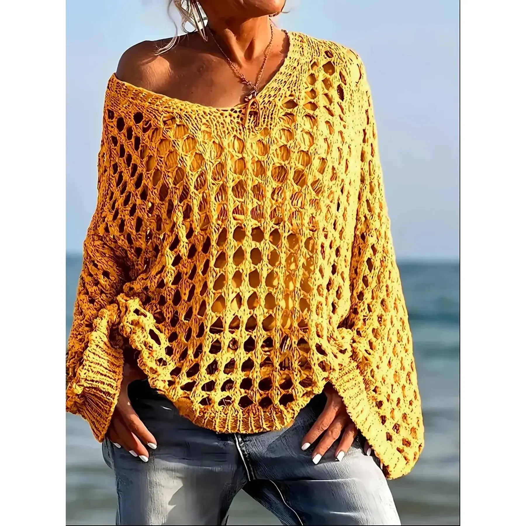Crew Neck Knit Top, Hollow Out Thin Breathable Sun Protection Sweater, Cool Comfort Knit Top, Women's Loose Casual Style, Elegant Hand Crochet Design, Daily Wear, Sunny Days, Holiday Outfit, Easy, Outdoor