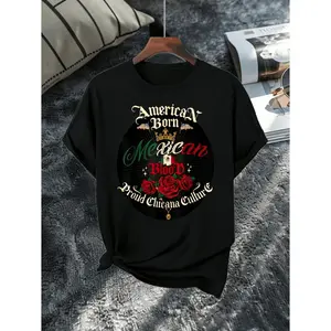 Chicana Style T-Shirt - American Born Mexican Blood Chingona Design | Short Sleeve Round Neck Casual Cultural Apparel With Mexican Print, Same Style For Men And Women, 2026 Summer Short-Sleeved Printed T-Shirt, 180G