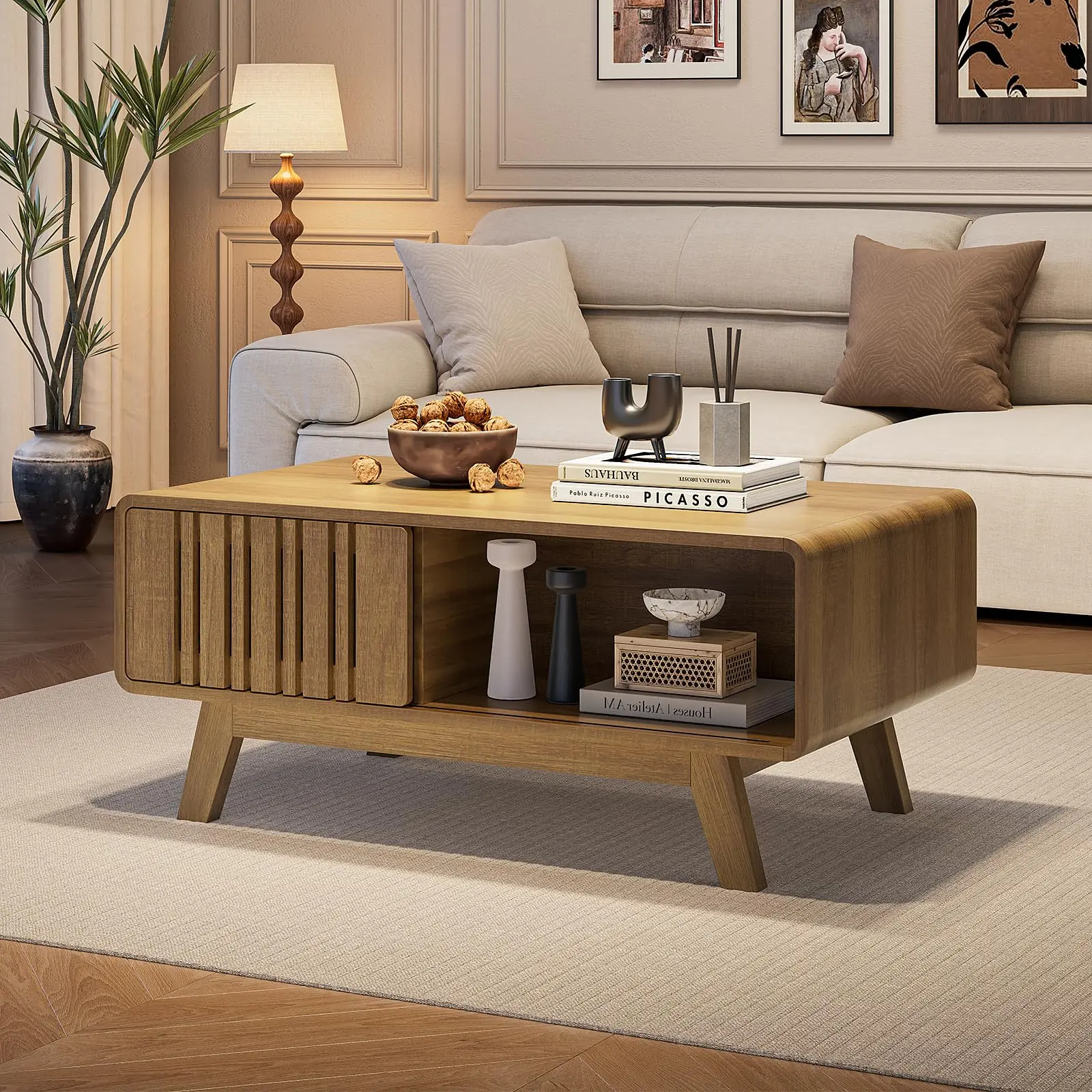 【SummerFinds】ONBRILL Coffee Table, Mid Century Modern Table with Storage Compartment, Fluted Table with Sliding Cabinet Door, Farmhouse Wood Coffee Table for Living Room,dorm essentials,home decor