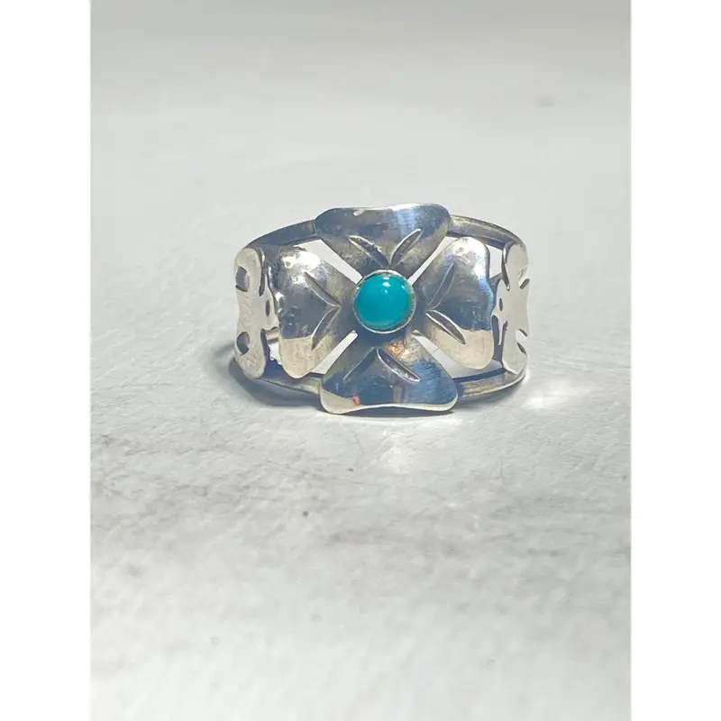 Turquoise ring size 8.25 flower bird 4 leaf clover good luck Mexico sterling silver band women girls