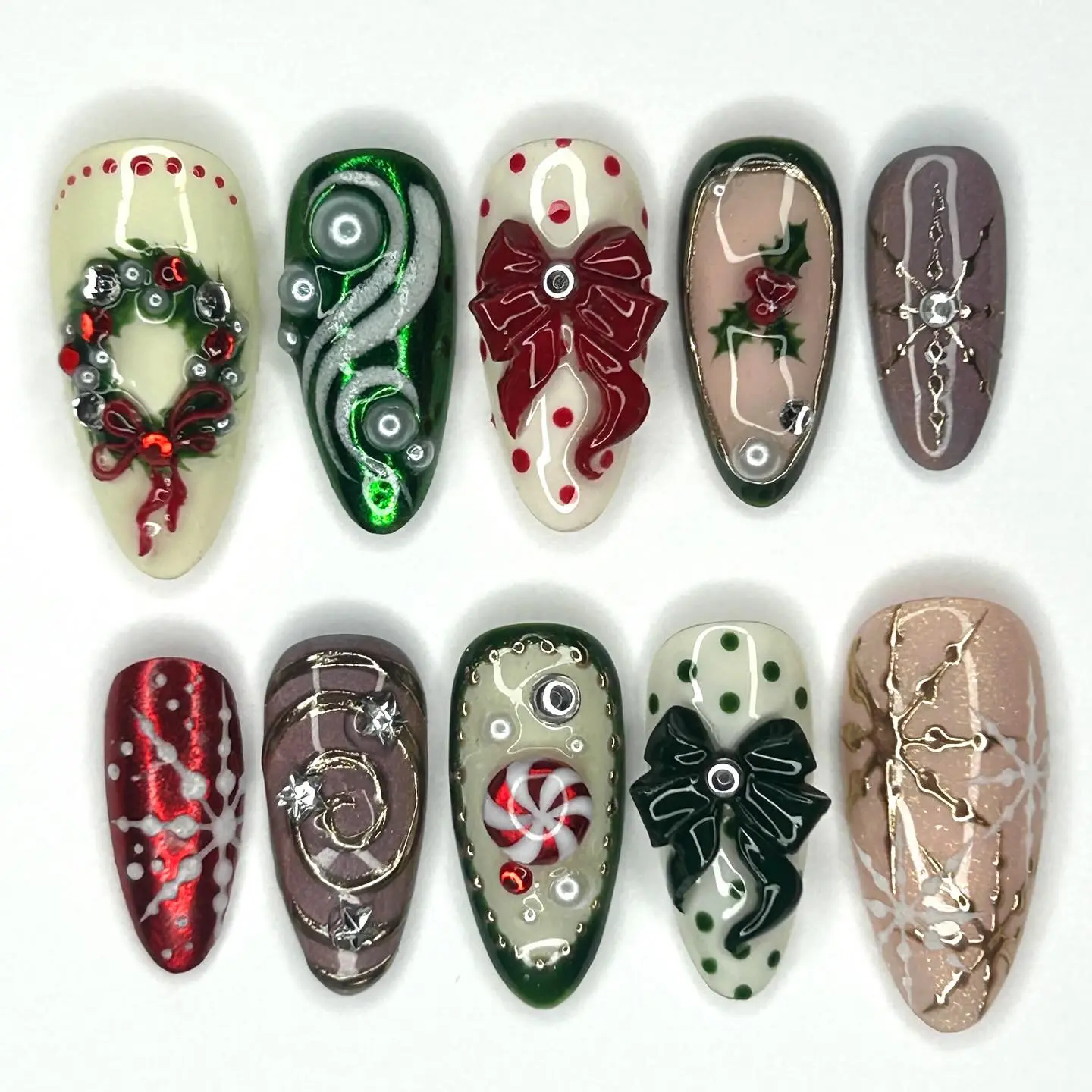 Christmas Press On Nails, 3D Holiday Nails, Gift Bow Wreath Candy Cane Snowflake Gel Fake Nails | Gift Set (Adhesive Tabs, Nail File, Cuticle Stick)