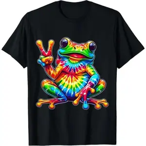 Cotton Tie-Dye Frog Peace Sign Hippie T-Shirt