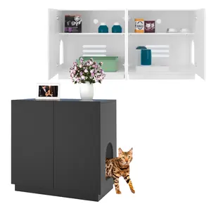 Amunrbrek Tall Cat Litter Box Enclosure, Modern Wooden Cat Litter Box Furniture, Suitable for Extra Large Litter Boxes, with Hidden Storage Space, Enclosed Cat Litter Box Cabinet for Cats, White/Black