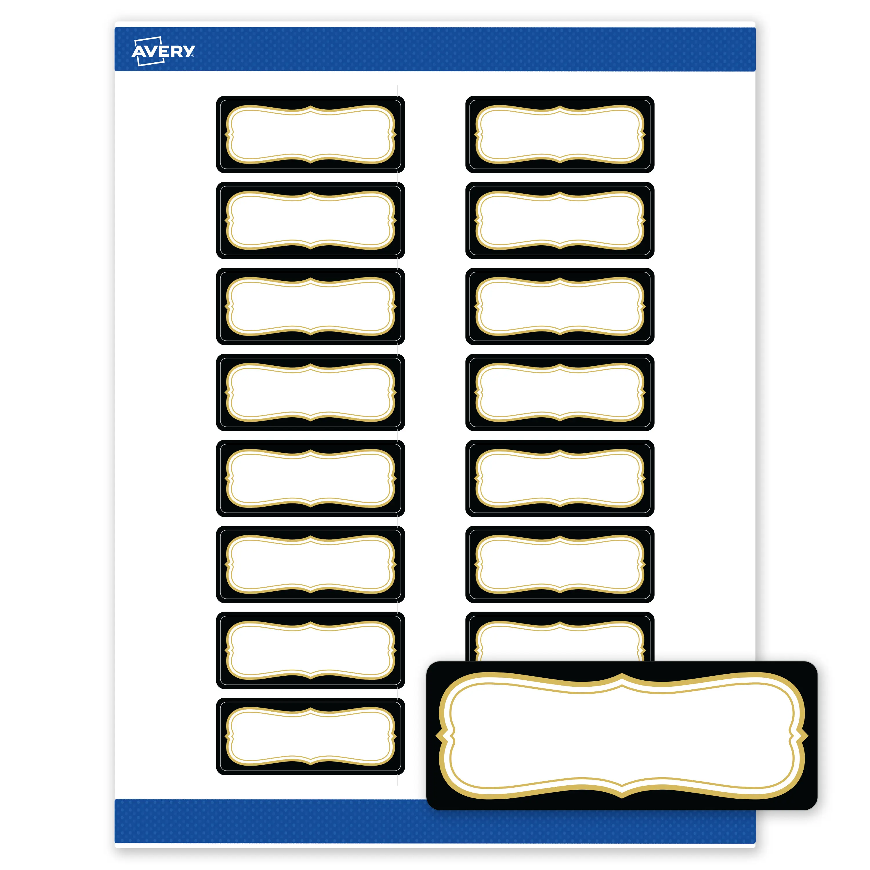 Avery Printable Address Labels, 1" x 2-5/8", Matte White, Pre-printed Black Border/Metallic Gold Flourish Design, Rectangle, Sure Feed Technology, Laser & Inkjet Compatible, 320 Total