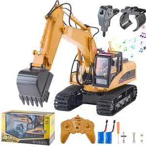 VEVOR Remote Control Excavator Toy, 15 Channel, 3 in 1 Remote Control Digger with Metal Shovel, 1:14 Scale RC Excavator with Light & Sound, Full Functional Construction Vehicles for Kids, 2 Batteries