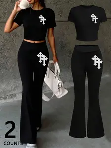 2pcs women's fitted leggings and crop top set with Gothic Jesus cross design, suitable for everyday wear, casual outings, and gym workouts.  Stylish and comfortable.