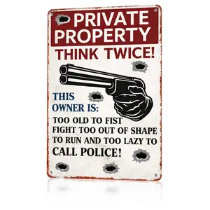 Private Property Think Twice Funny Metal Sign 12x8 In Aluminum, Vintage No Trespassing Tin Sign, Retro Gun Wall Art for Home, Garage, Man Cave, Funny Warning Plaque for Private Property, 12x8 Inch Aluminum Sign