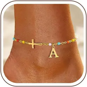 Ankle Bracelets for Women Waterproof 14K Gold Plated A-Z Initial Cross Anklet Colorful Hypoallergenic Letter Anklets for Women Non Tarnish Summer Beach Jewelry Gift for Daughter Mom Sister
