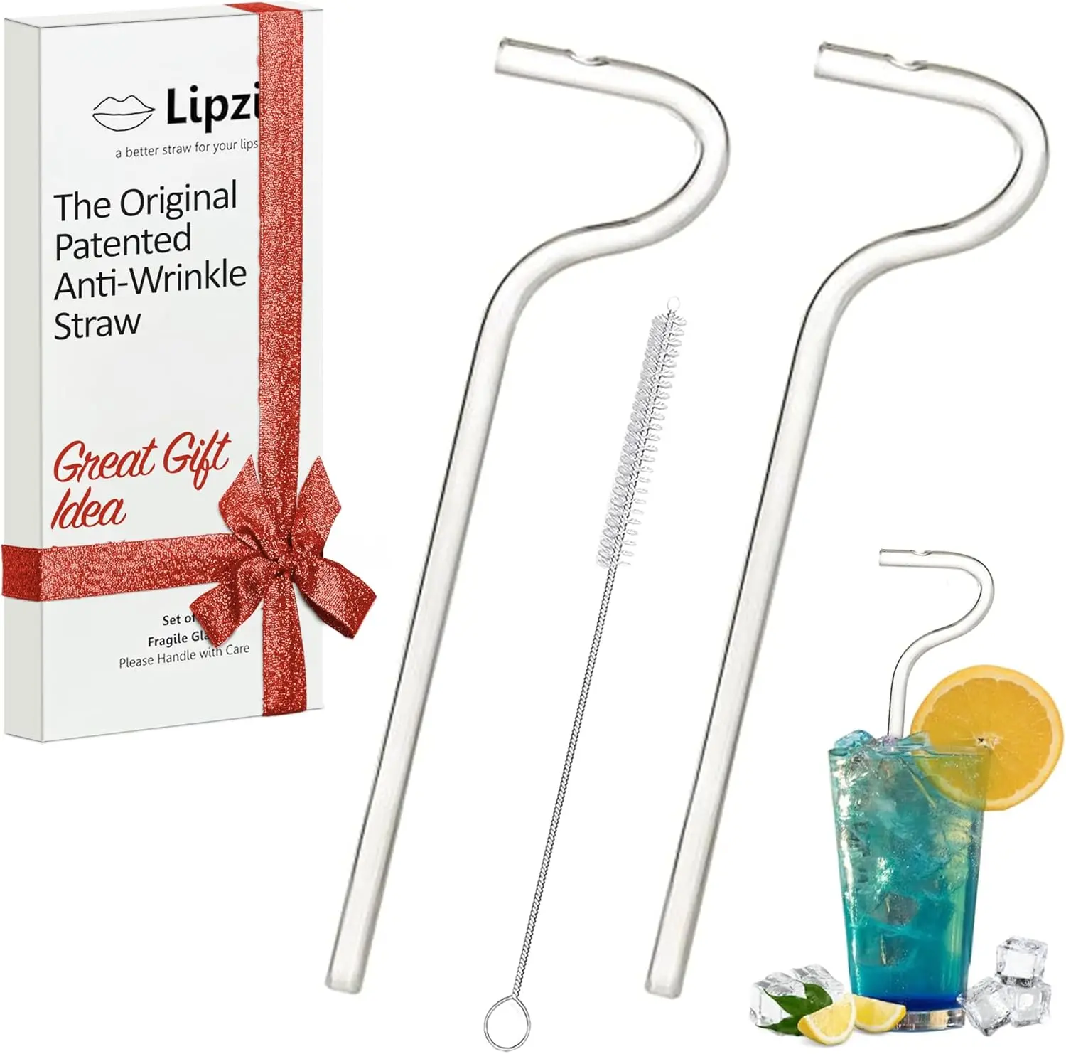 Lipzi - The Original Patented Anti Wrinkle Straw - Glass anti-wrinkle drinking straws, Clear Reusable Straws with Cleaning Brush - Eco-Friendly Plastic Alternative - Cleaning Brush Included - 2 Pack