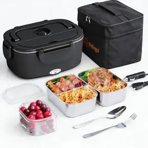 Nifogo Electric Lunch Box Food Heater for Adults 1.5L Portable 12V/24V/110V Car Truck Office Use Removable Stainless Steel Container with Tableware Storage - Plastic